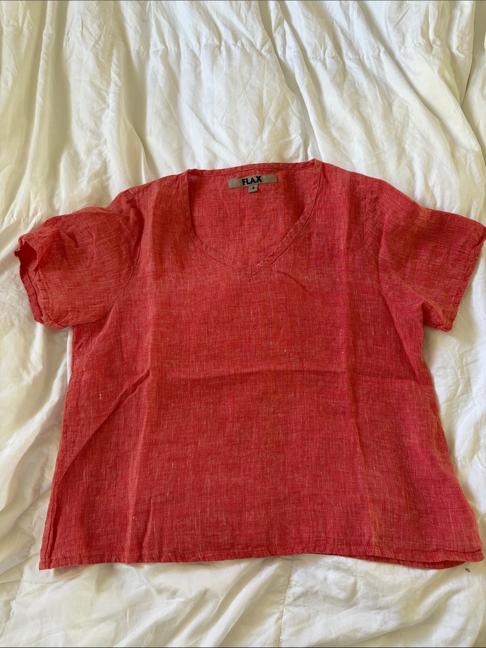 Flax Red Linen V-Neck Short Sleeve Top